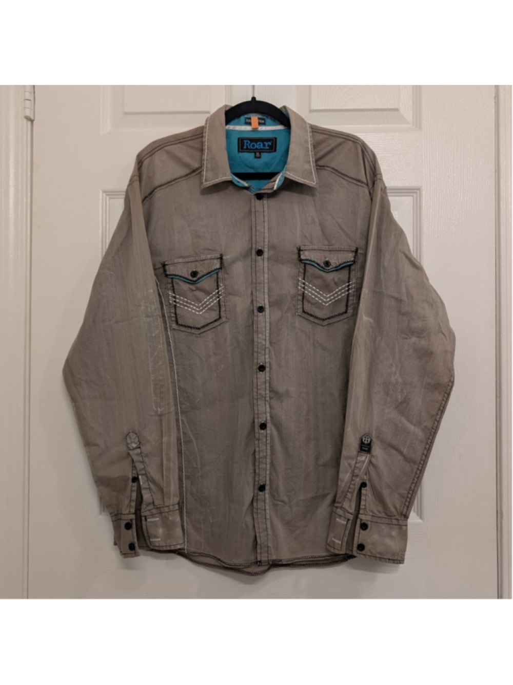 Men's Roar Casual Button Down Shirt XL Taupe Turquoise Accents Western Cowboy